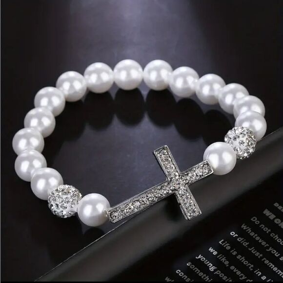 3 for $26 - Rhinestone Cross Pearl Bracelet - Picture 4 of 4
